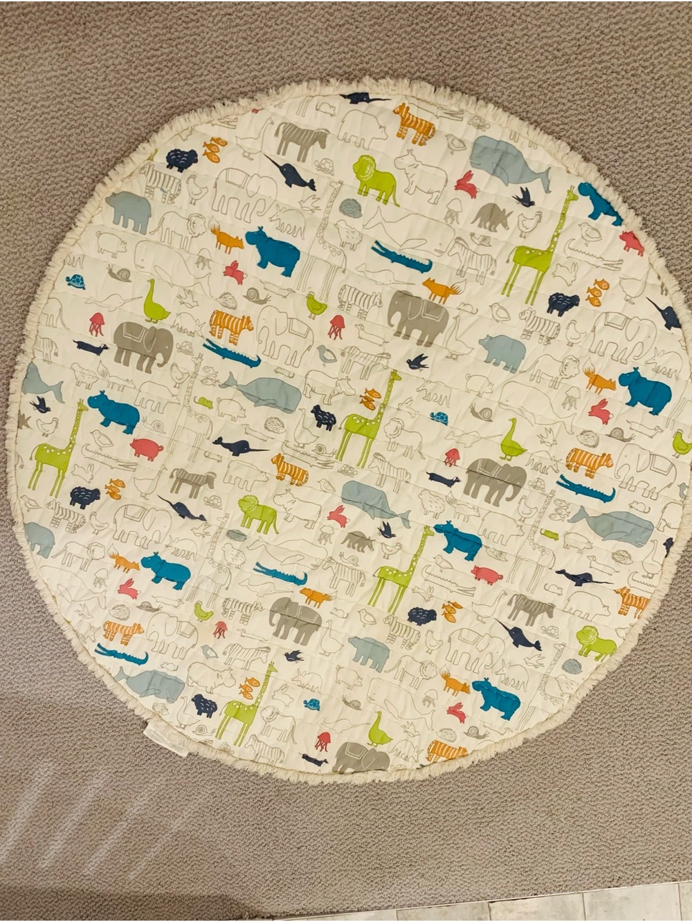 Plush Animal Print Round Play Mat - White with Multi Color Animals
